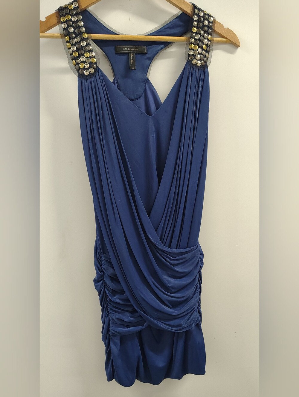 BCBGMAXAZRIA Cobalt Blue Draped & Studded Racerback Cocktail Dress XS - NWOT
